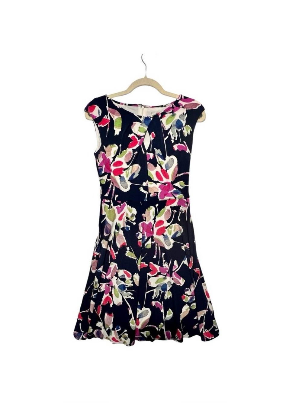 Cap-Sleeve Navy Midi Dress with Bold Floral Print